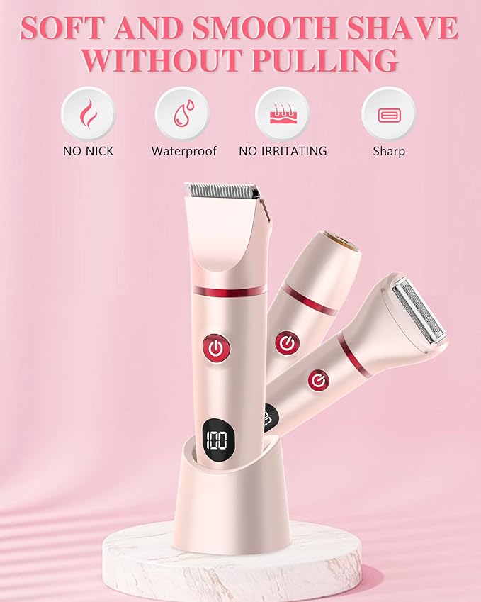 Bikini Trimmer for Women, Electric Razor for Pubic Hair 3-in-1, Bikini Shaver for Legs Body Hair, Womens Electric Razor IPX6 Waterproof, Gifts for Women,Pink