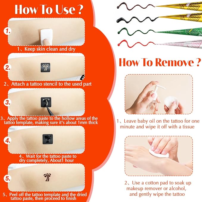 Temporary Tattoos Stencils Kit,Temporary Tattoos Kit - 8 Pcs 4 Color(Brown,Black,Cherry red,Green), Ink with Gloves,DIY Body Art Painting for Women Men Adults Kids