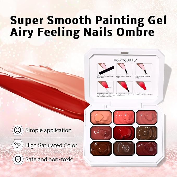 Sponge Pat Paint Nail Gel, 9 Colors Ombre Nails Gradient Gel Nail Blush Blooming Aura Nails Drawing Stripper Floral Painting Nail Art, No Wipe, UV/LED Curing (9 Colors E)