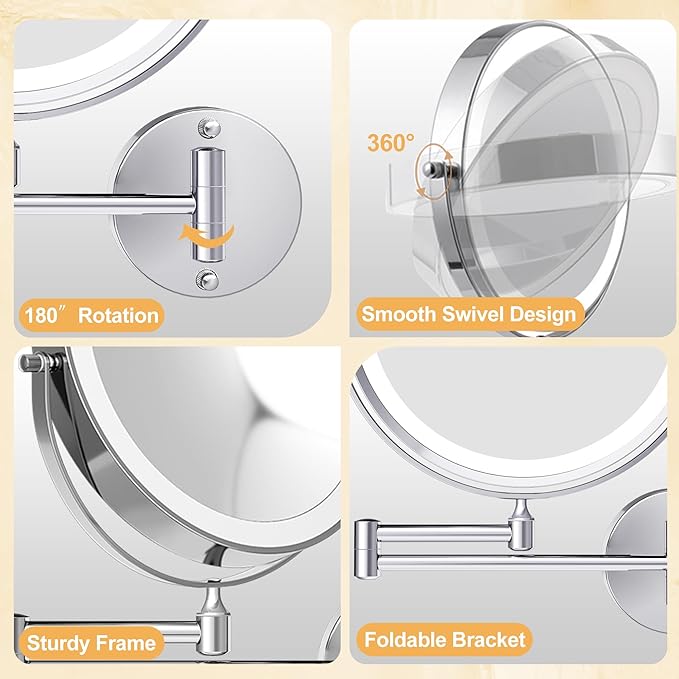 9 Inch Large Rechargeable Lighted Makeup Vanity Mirror Wall Mounted, 1X/10X Magnifying Mirror with Light for Bathroom 3000mAh USB Charging, Chrome Wall Mounted Mirror Swing Arm with 3 Light for Makeup