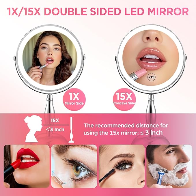 Lighted Makeup Mirror, Rechargeable 8" 3 Color Vanity Mirror, 15x Magnifying Mirror with Brightness Adjustable, 360° Rotation Double Sided Desk Mirror, STC- Side Charging & Side Touch Switch