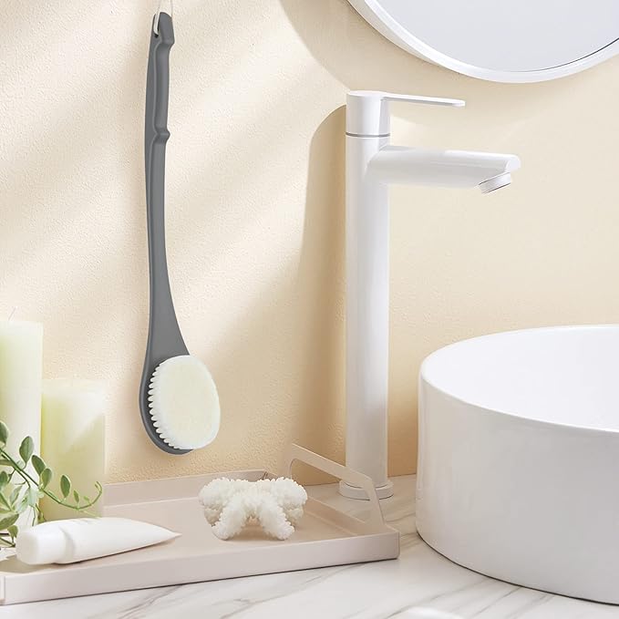 Body Back Scrubber – 17'' Long Handle Shower Brush, Durable Exfoliator for Dry & Wet Use, Deep Cleansing & Gentle Exfoliation for Smooth Skin – for Men, Women & Elderly (Gray)