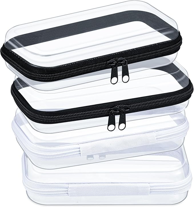 Hoolerry 4 Pcs Hard Clear Zipper Case Makeup Bags Plastic Pencil Pouch Transparent Storage Box Containers for Cosmetics, Snacks, Building Blocks, Puzzles(Black and White,7.5 x 3.9 x 2 in)