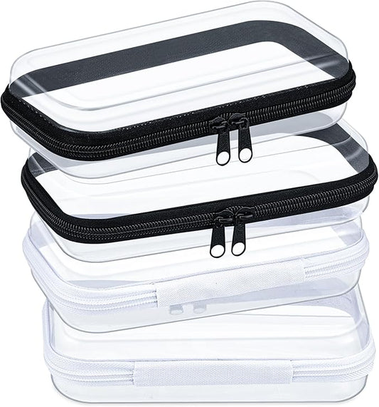 Hoolerry 4 Pcs Hard Clear Zipper Case Makeup Bags Plastic Pencil Pouch Transparent Storage Box Containers for Cosmetics, Snacks, Building Blocks, Puzzles(Black and White,7.5 x 3.9 x 2 in)