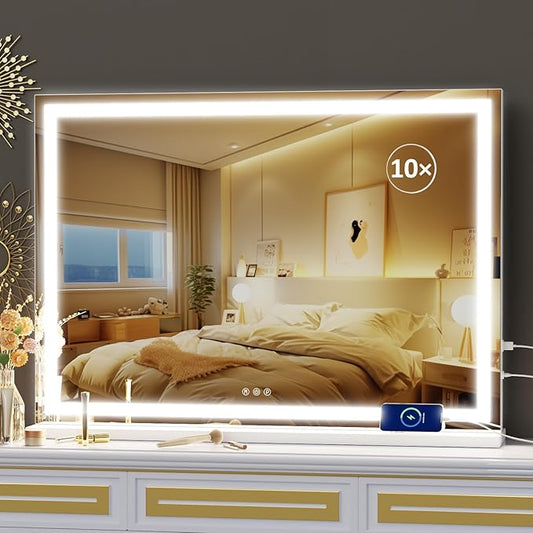 Makeup Vanity Mirror with USB Charging Port 28" x 22" Large LED Makeup Mirror, Desk Mirorr with Lights, Light up Mirror with 10X Magnification and, Dimmable 3 Modes, Touch Control White