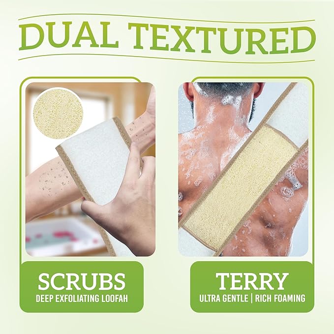 Natural Loofah Back Scrubber (Pack 4) - Exfoliating Sponge for Shower - Loofah Clean Back Deeply - Vegetable Scrubber for Men Women - 100% Biodegradable Compostable Plastic Free (Each 31.5" x 11.8")