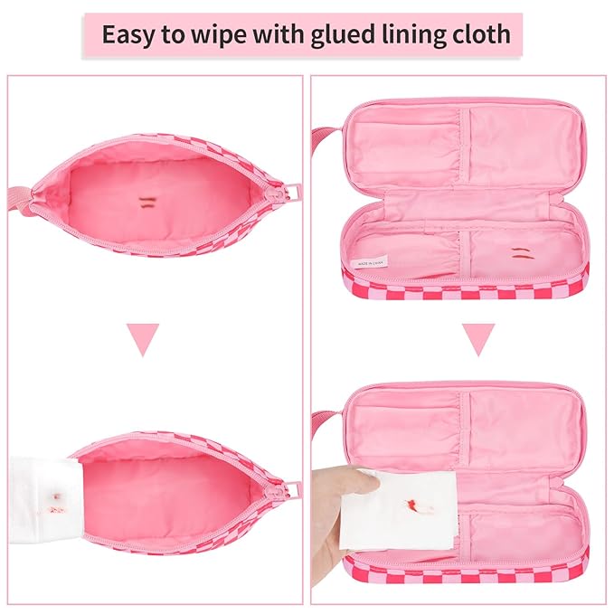 Ethereal Small Travel Makeup Bag, Checker Pink Make up Organizer Bag with Makeup Brush Holder, Portable Cosmetic Bag for Women/Girls
