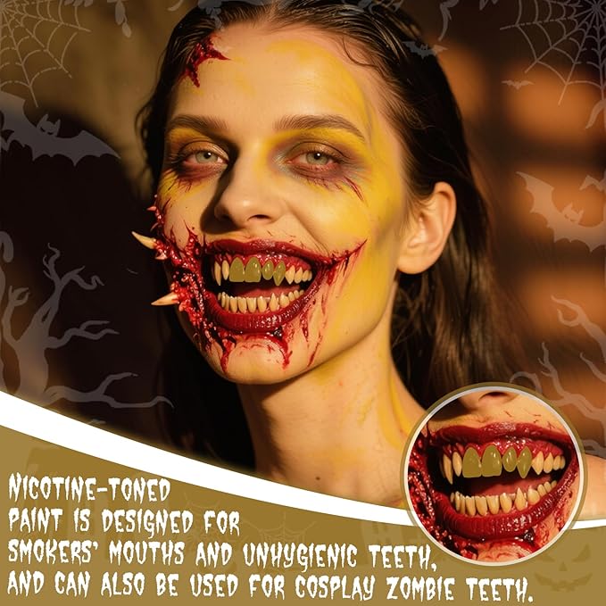 Professional Halloween Yellow Tooth Paint, Temporary Nicotine Color Tooth Paint，Decayed Rotten Cruddy Missing Teeth Makeup, Perfect for Cosplay, Halloween Makeup, Theater, Costume Party