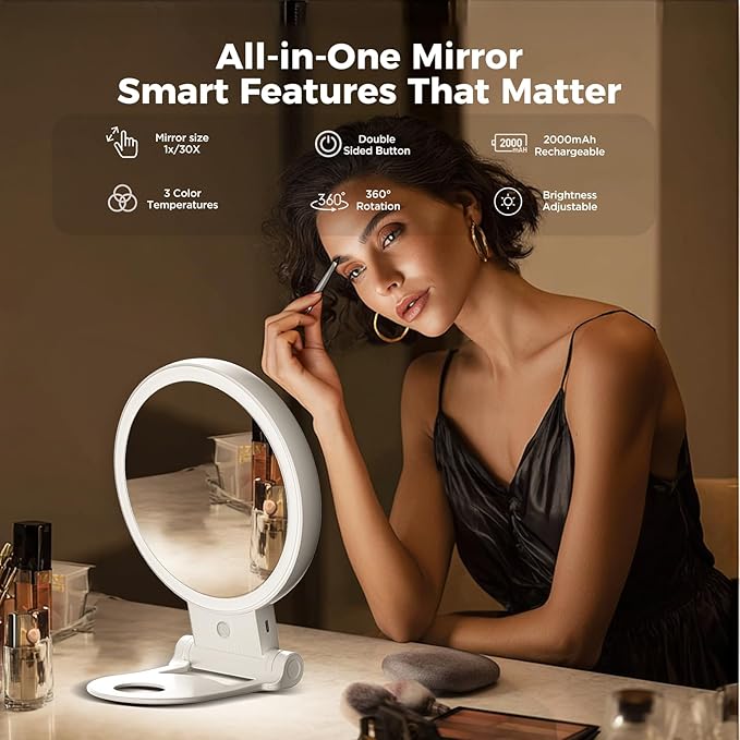 1X/30X Lighted Makeup Mirror with Magnification, Double-Sided Switch, 3-Color Lights, 2000mAh Rechargeable, Adjustable Brightness, Makeup Mirror with Lights for Vanity Table or Bathroom