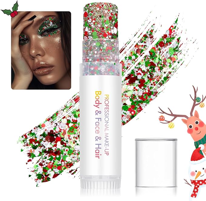 Christmas Body Glitter Stick Red Face Glitter Green Hair Glitter Christmas Face Paint Rave Makeup Glitter Festive Face Gems Halloween Fine Chunky Glitter Stick for Women Girls 2Pack