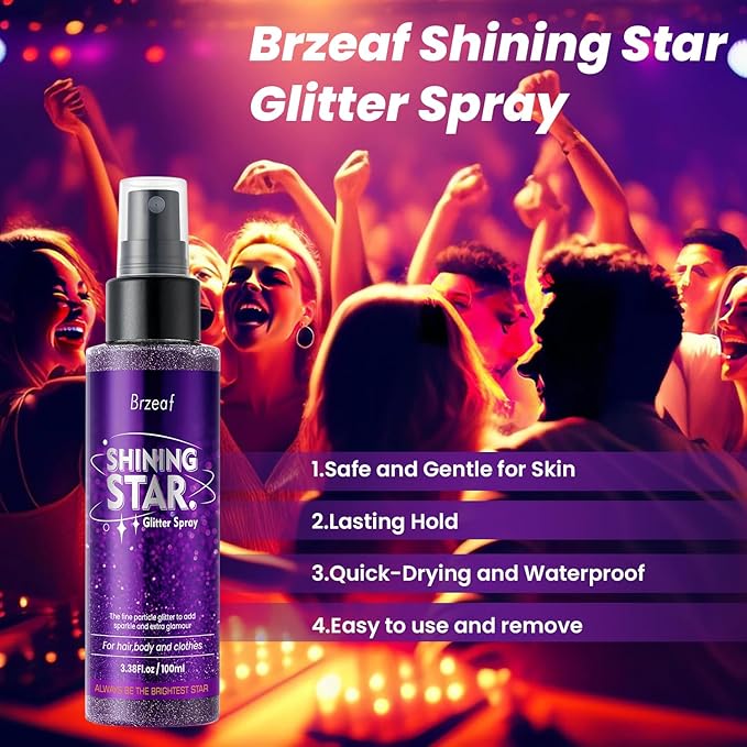 Brzeaf Glitter Spray, Halloween Glitter Spray for Hair and Body, Long-Lasting & Quick-Drying, Shiny Glitter Hairspray, Waterproof Body Glitter, for Stage Makeup and Festival Rave