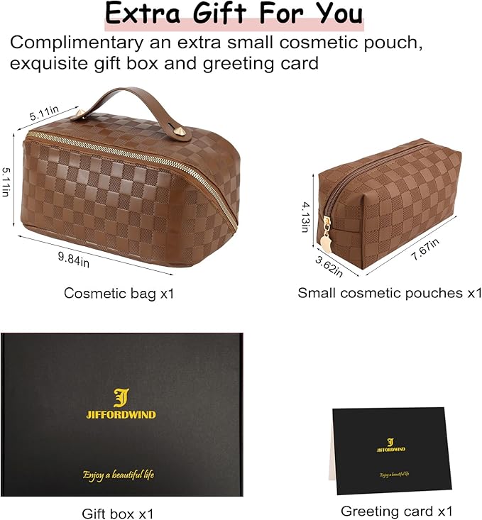 Checkered Travel Makeup Bags Cosmetic Organizer Bag: 2-Set Large Capacity Waterproof Makeup Bag - PU Leather Toiletry Bag for Women - Wide Open Portable Pouch with Handle and Divider (BROWN)