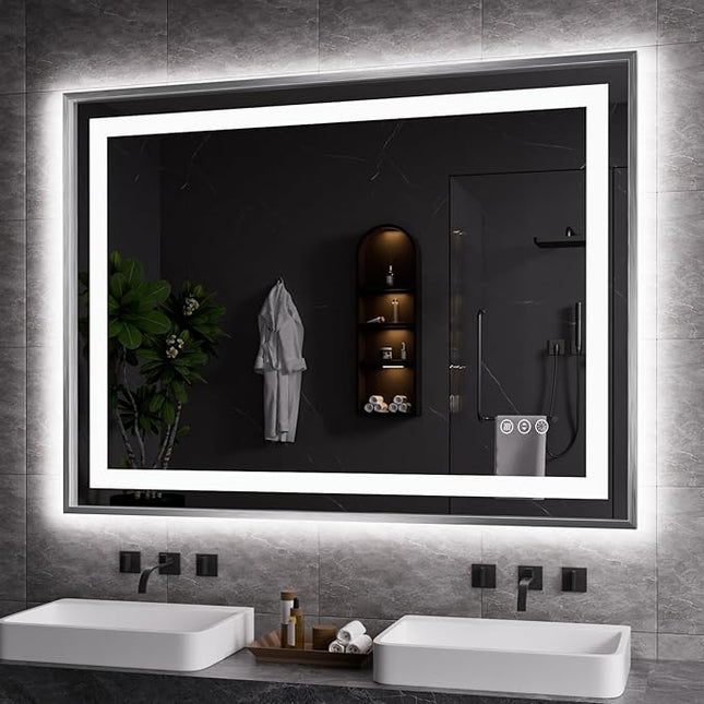 Amorho LED Bathroom Mirror, 48"X36" Brushed Nickel Framed Mirror with Front Light and Backlit, Stepless Dimmable, Anti-Fog, Shatter-Proof, Memory, 3 Colors