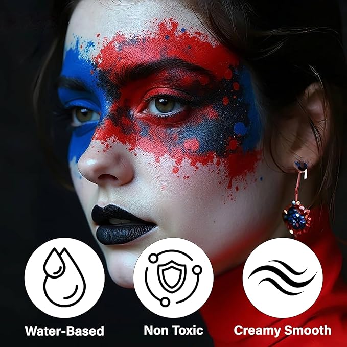 4 Colors Face Body Paint, 1.01 fl oz/PC Water Based Body Paint for Adults & Kids, Washable Face Paint Kit with Sponges, Face Painting for Halloween Clown Vampire Makeup, USA Flag/Sports Event Makeup