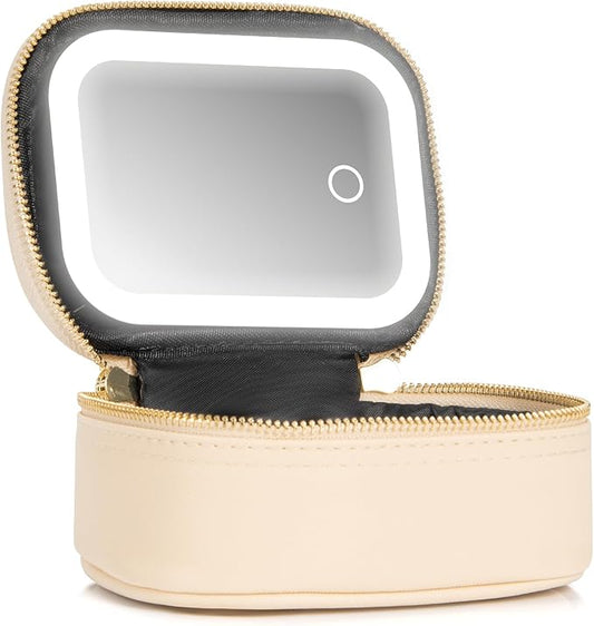 Small Makeup Bag with Led Mirror, Mini Travel Make up Bag 3 Light Modes Adjustable Brightness, for Women Organizer Cosmetic Bag, Portable Travel Train Toiletry Bag, for Pool Parties Work Touch-Ups