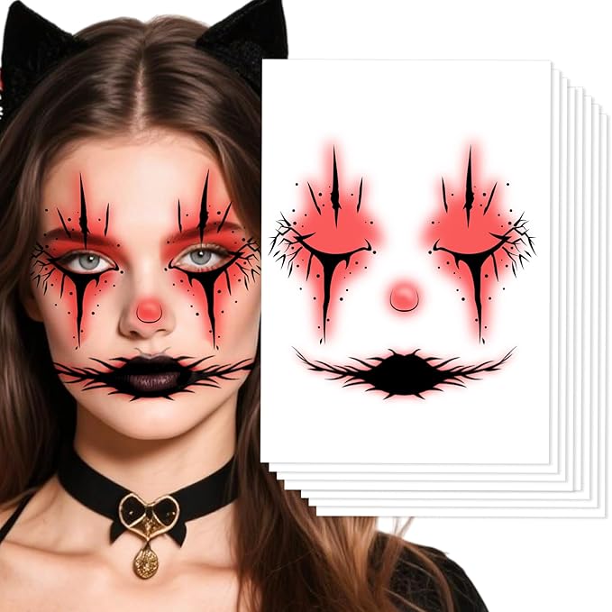 Halloween Face Tattoo, Face Tattoos with Scar & Blood Eye Design, Face Temporary Tattoo Sticker, Temporary Makeup Tattoo Stickers,Perfect for Halloween Stage Masquerade Party 8Pcs
