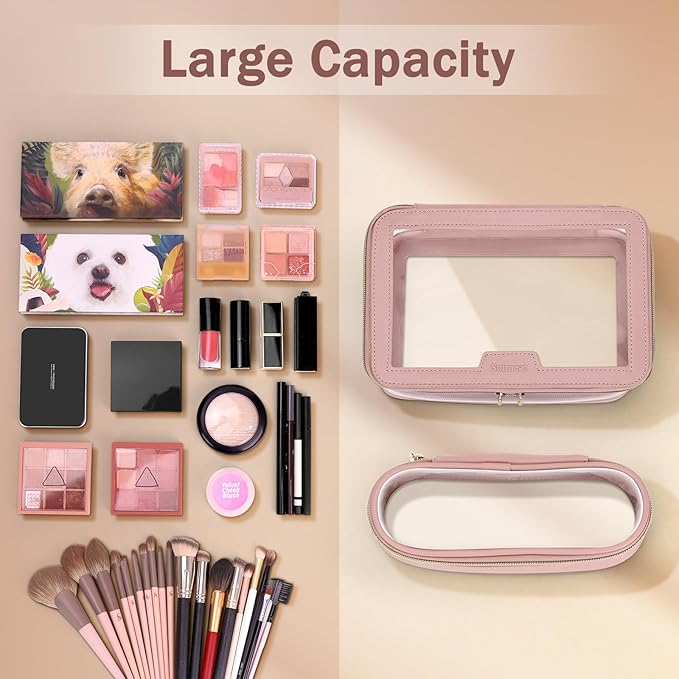 Travel Clear Makeup Bag with Makeup Brush Bag, Leather Makeup Case Toiletry Bag, Portable Cosmetic Bag Case, Transparent Waterproof Cosmetic Organizer Storage Bag for Women, Medium, Pink