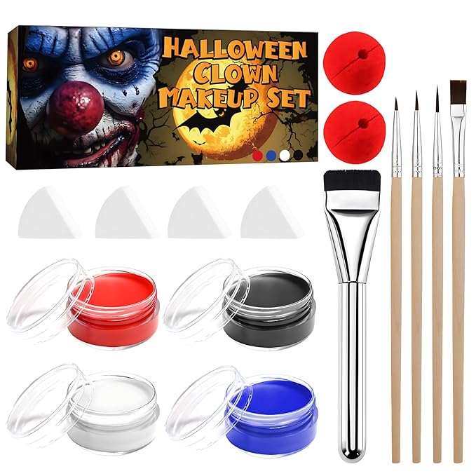 JAOJAO Clown Makeup Kit, Clown Makeup with White Blue Red Black clown Face Paint, 4 Sponges, 2 Red Nose, Painting Brushes, for Creepy Halloween Special Effects Sfx Cosplay Costume Parties