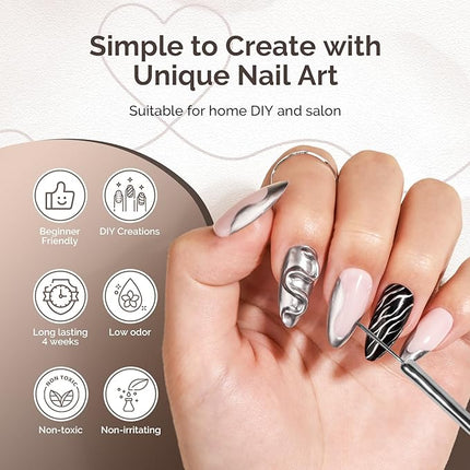 MelodySusie 8ML Silver Gel Liner Nail Art Polish Mirror Chrome 3D Effect,for Line and Patterns of Painting,French Nail Tips,DIY Manicure Pedicure for Home DIY Salon Use