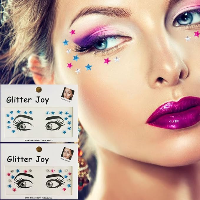 Eye Corners Face Jewels White Red Blue Star 4th of July Face Gems Tattoo Decorations Jewels Body Glitter Crystal Sticker Temporary Face Tattoo for 4th of July Costume Accessories, 2-Pack