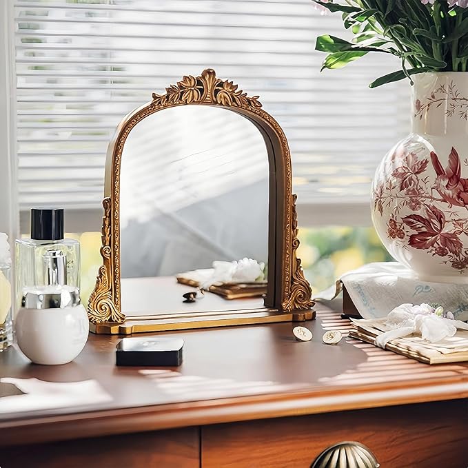 Vintage Antique Gold Framed Tabletop Mirror - Small Decorative Mirror with Carved Resin Frame for Vanity, Desk, or Shelf Decor
