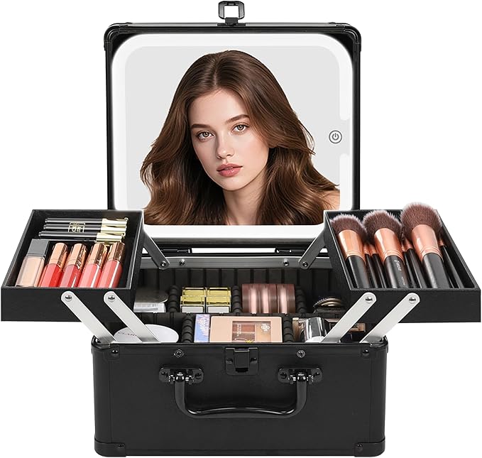 Chomeiu Makeup Bag with Mirror, Travel Train Case Large Cosmetic Organizer with 2 Trays and Vanity Mirror with LED Lights, Brush Holder Storage Box Suitcase for Nail Kits Cosmetics Craft, Black