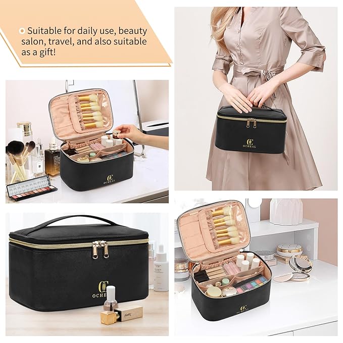 OCHEAL Makeup Bag, Portable Cosmetic Bag, Large Capacity Travel Makeup Case Organizer, Black For Women Toiletry Bag for Girls Traveling With Handle and Divider