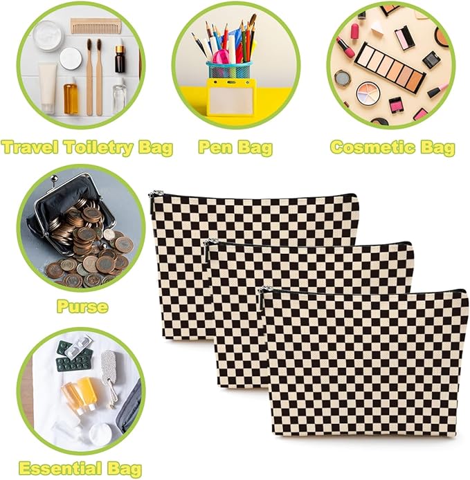 6 Pcs Checkered Makeup Bags Make up Bag Cosmetic Bags for Women Girls Sister Mama Bridesmaid Friendship Christmas Birthday Travel Toiletry Bag Aesthetic Zipper Organizer Accessories, Cute Black Plaid