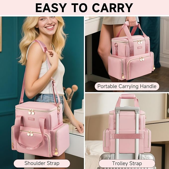 Extra Large Makeup Bag,4 in 1 Cosmetic Storage Organizer Travel Case with Detachable Pouches and Dividers,Pink