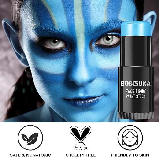 BOBISUKA Light Blue Face Paint Stick, Baby Blue Eye Black Body Sticks for Sports, Waterproof Painting for Halloween Avatar Corpse Bride Smurf Cosplay Special Effects Costume SFX Makeup Kit
