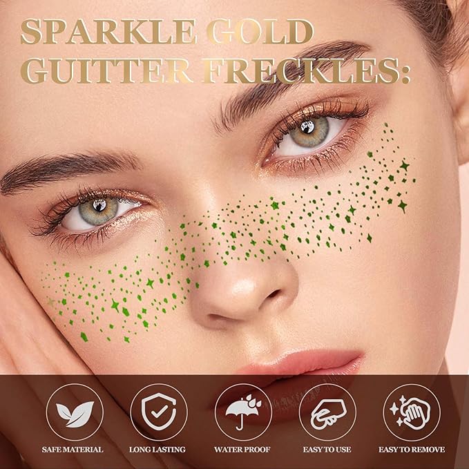 10 Pcs Glitter Freckles Face Tattoo, Face Glitter Makeup Patches, Waterproof Sparkle Freckles Tattoo Fairy Makeup Accessories For Women (Green)