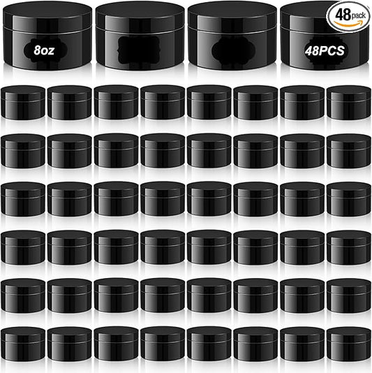 Uiifan 48 Pcs 8 oz Plastic Jars with Lids &labels, Empty Refillable Cosmetic Leak Proof Containers for Cream Body Butters Powder Ointment Lip Scrub(Black)