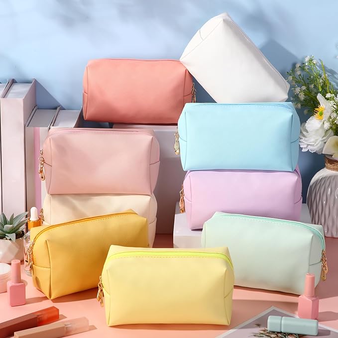 Sanwuta 9 Pcs Makeup Bags Bulk PU Double Zippers Cosmetic Bag Makeup Toiletry Pouch Portable Travel Organizers Case for Women Bachelorette Party End of The Year Bridesmaid Gift(Macaron Colors)