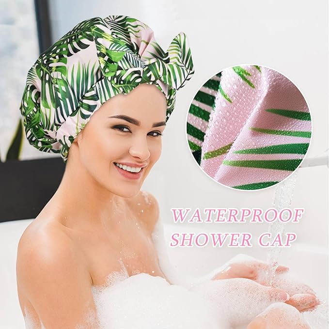 Shower Cap Luxury Shower Caps for Women Reusable Waterproof Hair Cap for Shower with Adjustable Bowknot Hair Bath Cap (Green Palm)