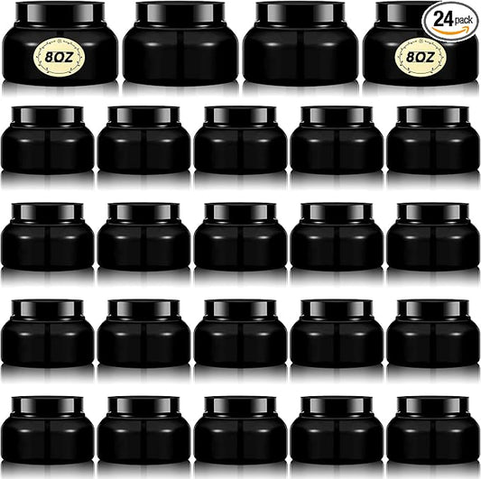 Tessco 24 Pack Plastic Jars with Lids Labels Empty Clear Plastic Jars Round Refillable Cosmetic Containers Body Butter Containers Bulk Sugar Scrub Bottle for Make Up(8 oz,Black)