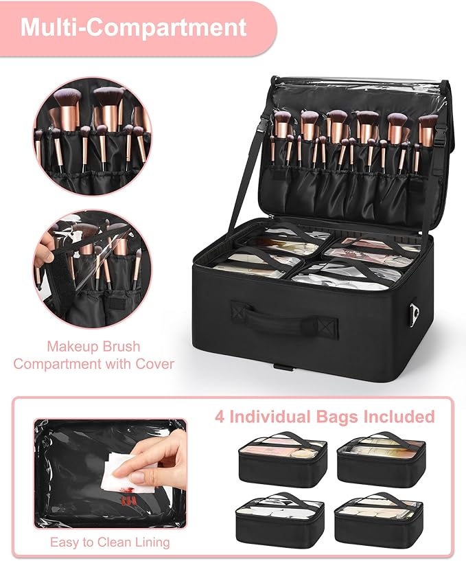 Relavel Extra Large Makeup Case Professional Cosmetic Storage Organizer Box Brush Holder with 4 Clear Set Bags & Lipstick Plate for Makeup Artists with Shoulder Strap & Adjustable Dividers