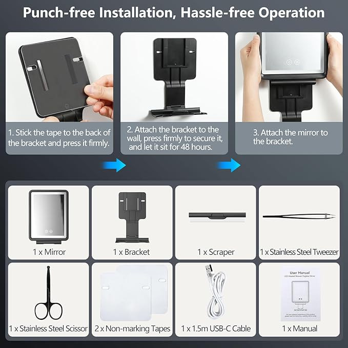 Heated Shower Mirror Fogless for Shaving, 3 Colors Stepless Dimmable Lights Fogless Mirror for Shower, Rechargeable Anti Fog Shaving Mirror for Shower with Razor Holder for Men, Light Memory Function