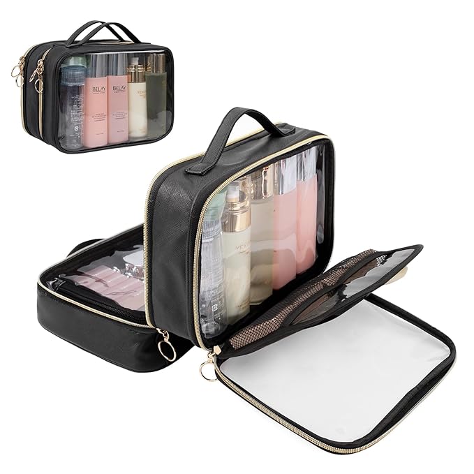 OCHEAL Clear Makeup Bag, Double Layer Cosmetic Bag, Large Capacity Minimalist Cosmetic Case for Women Travel Beauty Essentials, Multiple Compartments Makeup Case Organizer Zipper Pouch -Clear