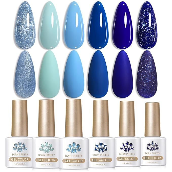 BORN PRETTY Blue Gel Nail Polish Set 6 Colors Light Blue Baby Blue Royal Blue Reflective Glitter Blue Nail Gel Kit Soak Off Nail Art Manicure Design Home Salon Holiday Gift