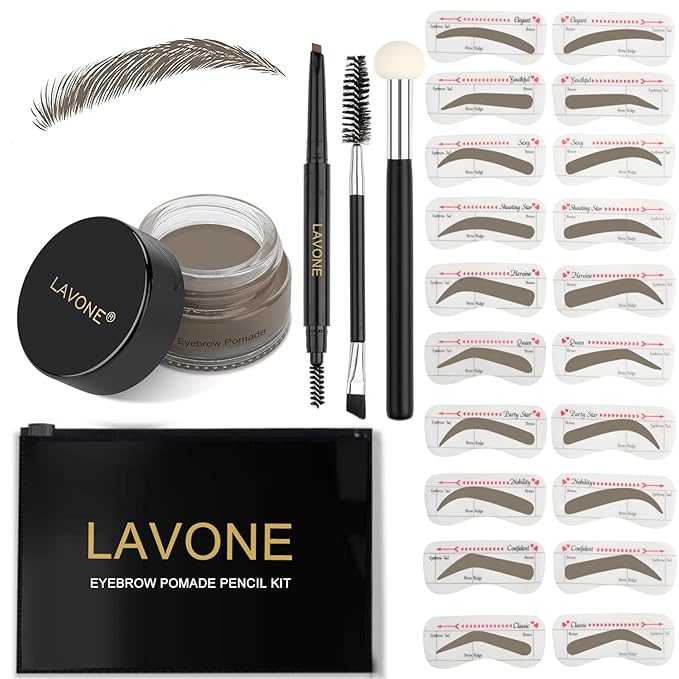 LAVONE Eyebrow Stamp Stencil Kit for Eyebrow, Brow Stamp Trio Kit with Waterproof Eyebrow Pencil, Eyebrow Pomade,20 Eyebrow Stencils,Dual-ended Eyebrow Brush and Sponge Applicator - Dark Grey
