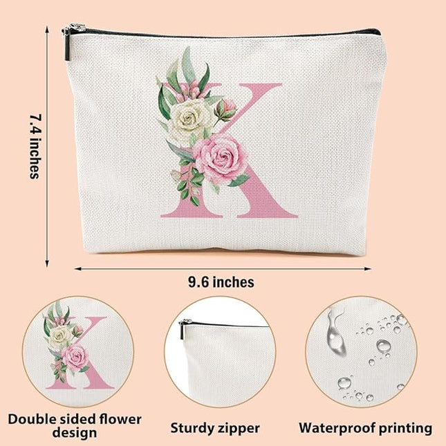 Pink Monogram Makeup Bag, Initial K, Cosmetic Bag Personalized Travel Organizer Bags Makeup Pouch, Monogrammed Gifts for Women Girls Best Friend Sisters Bridesmaid Wedding Bridal Shower Gifts