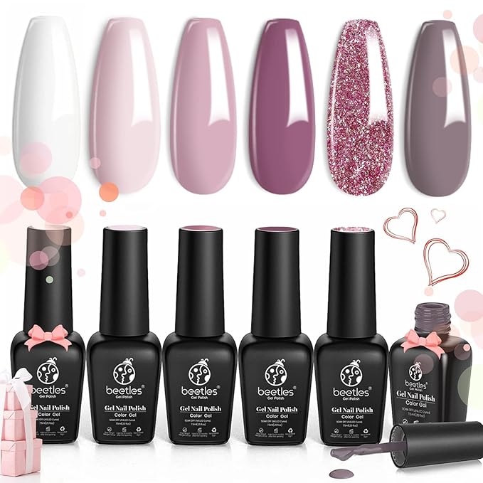 Beetles Romantic Wedding Gel Nail Polish Set 6 Colors Classic French White Soft Pink Glitter Bridesmaid Gel Polish Kit Nail Art Soak Off UV DIY Home Manicure Kit Gifts for Women