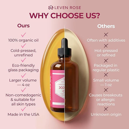 Leven Rose Jojoba Oil Organic, Pure Cold Pressed Natural Unrefined Moisturizer for Skin Hair and Nails 4 oz