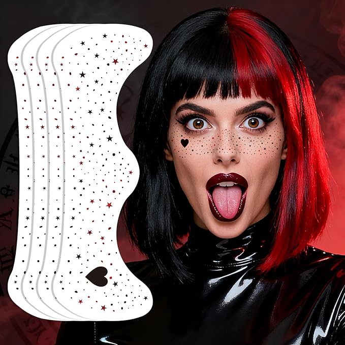 HQ Joker Freckles Face Tattoo - Black & Red Temporary Tattoos with Sinister Smiles | Waterproof Face Makeup for Halloween Costume, Zombie Party & Prisoner Cosplay (8 Sheets)