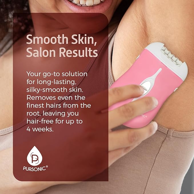 Pursonic Fe120P Cordless Epilator with 40 Tweezers - Rechargeable 2 Speed Epilators Hair Removal for Women - Compact Hair Removal Device for Arms, Legs, Underarms & Bikini Area (Pink)