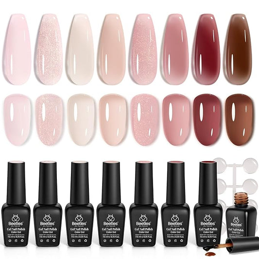 Beetles Pink Jelly Gel Nail Polish, 8Pcs Nude Brown Nails Sunset Rose Collection Gel Polish Nails Art Soak off Uv LED Manicure Gift Set Nail Trend Gift for Women
