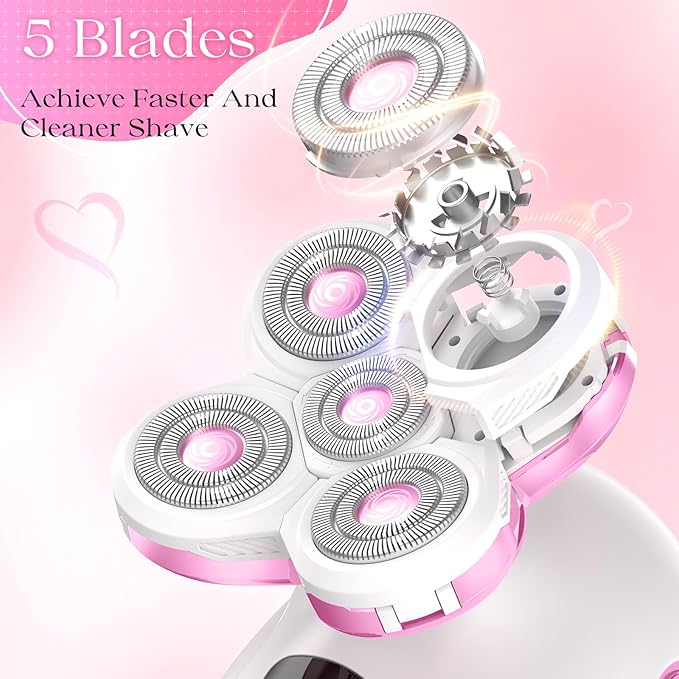 Electric Razors for Women, Rechargeable Rotary Painless Shaver for Legs Bikini Facial Hair Removal, Cordless Womens Trimmer for Lady Grooming, Body Wet/Dry Razor Water Resistant Grooming Kit（Pink）