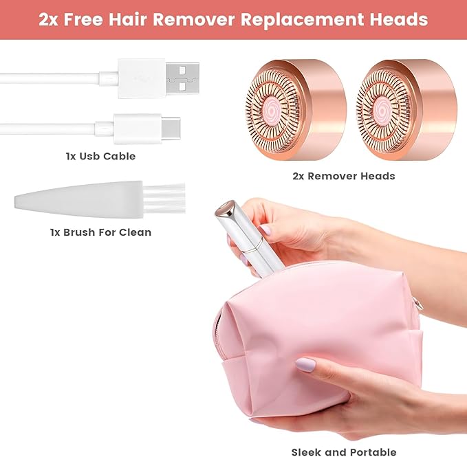 Facial Hair Remover for Women- 2-in-1 as Seen on TV Painless Face Shaver -Mini Hair Remover, Electric Razor Shaver Portable Bikini Epilator for Lips, Chin, Armpit, Peach Fuzz,Neck, Cheek