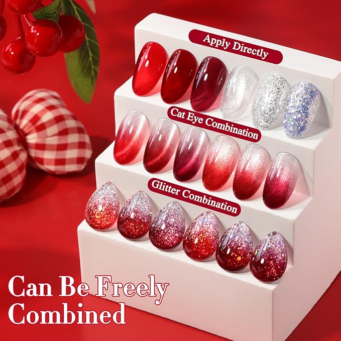Double Rhythm 6 Pcs 15 ML Gel Polish Set Same Color Same Bottle Soak Off Gel Polish Kit Nail Art Manicure Salon DIY at Home for Women (Jelly Burgundy Red Glitter Silver -T6-56)