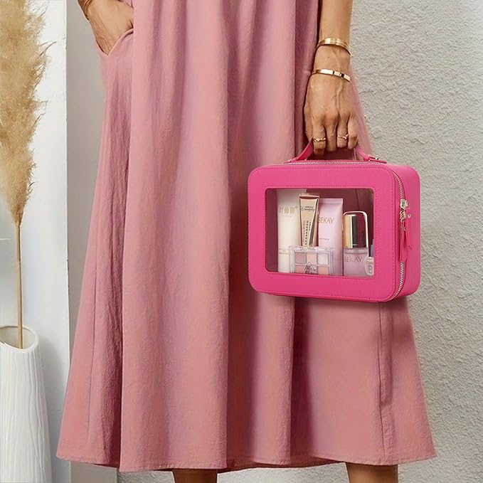 Pinkmik Clear Makeup Bag Waterproof Travel Case for Cosmetics and Toiletries Women's Makeup Organizer and Car Bag with Zipper (X/Fuxia, L)